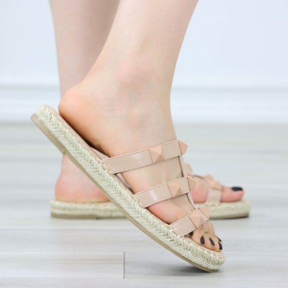 Nude Quilted Pattern Espadrille Trendy Comfy Flat Sandal Slip On Sliders - Picture 8 of 15